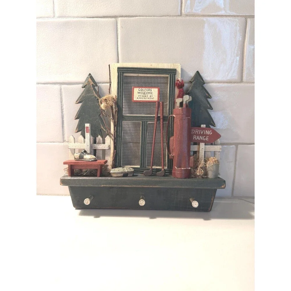 Vintage 3D Golf-Themed Wooden Key Holder & Shadow Box Wall Display